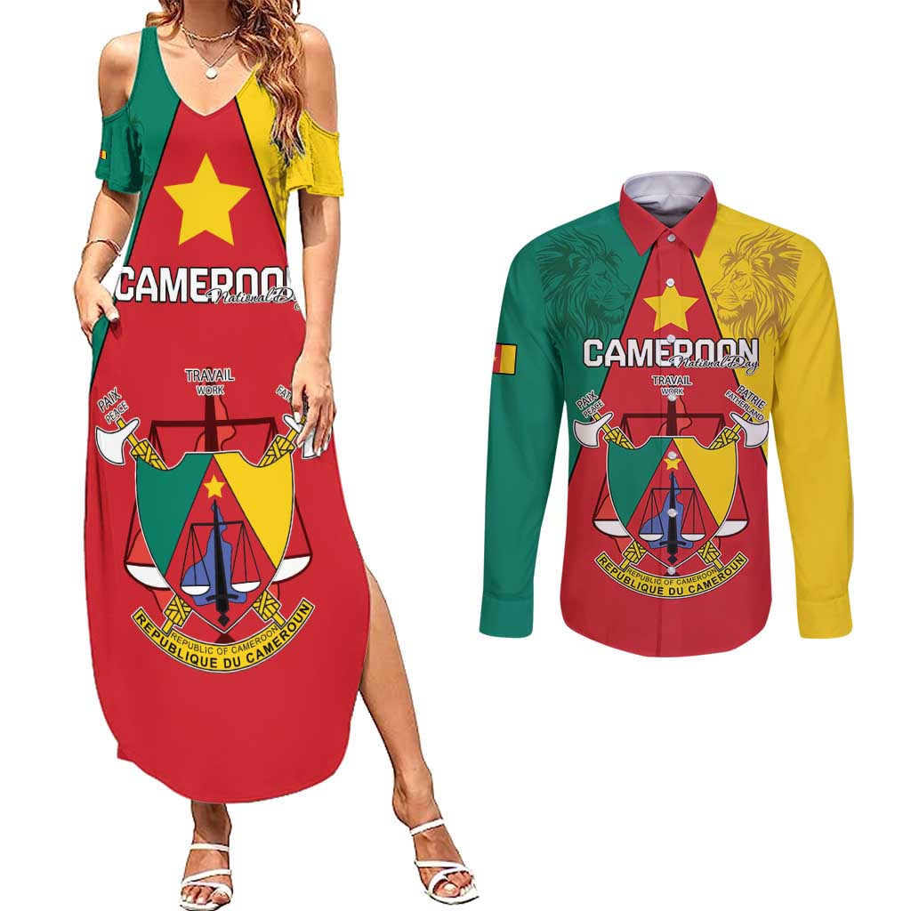 Personalised Cameroon National Day Couples Matching Summer Maxi Dress and Long Sleeve Button Shirt Coat Of Arms With Lion