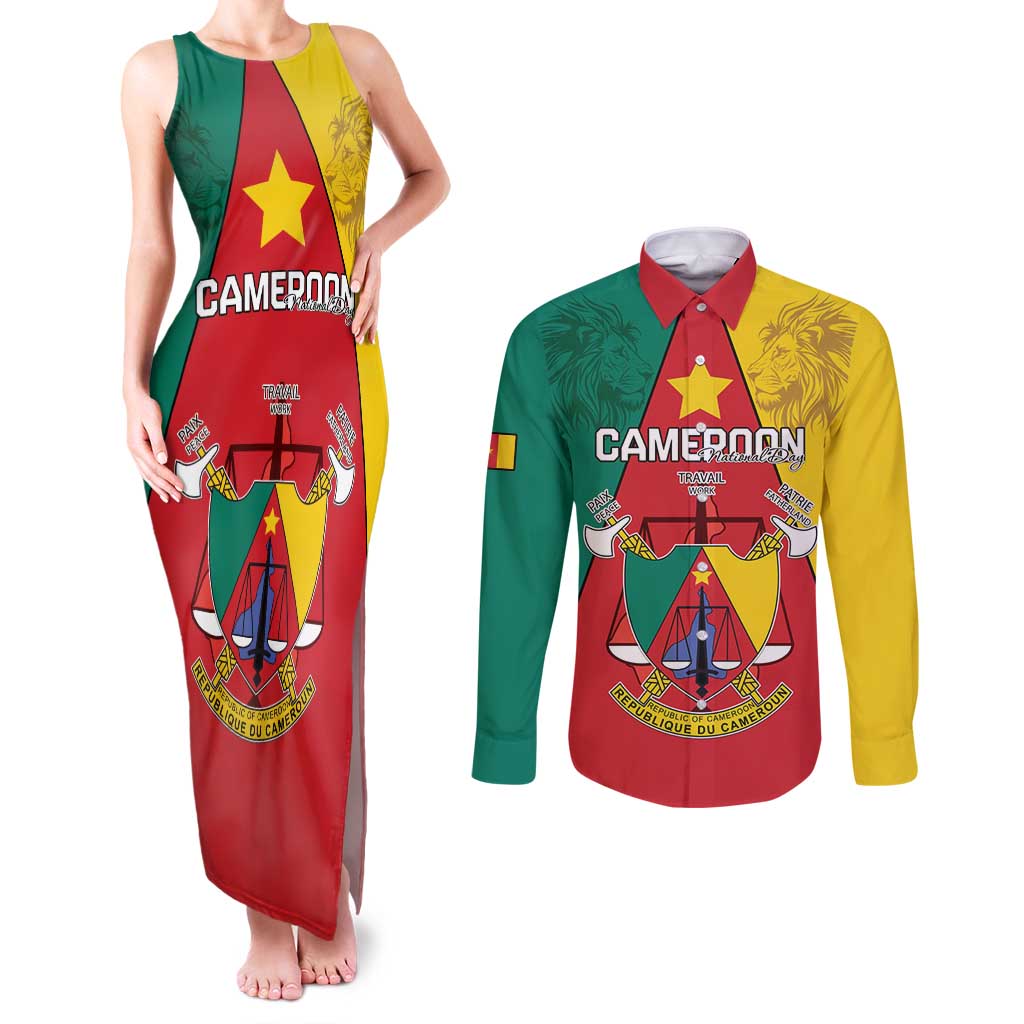 Personalised Cameroon National Day Couples Matching Tank Maxi Dress and Long Sleeve Button Shirt Coat Of Arms With Lion