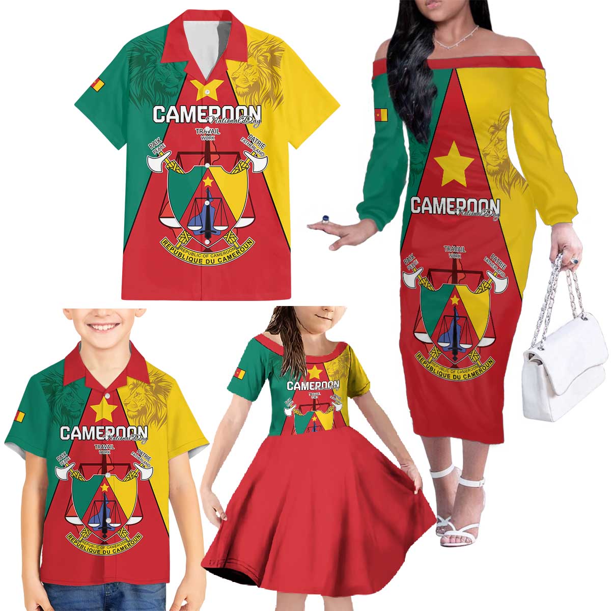 Personalised Cameroon National Day Family Matching Off The Shoulder Long Sleeve Dress and Hawaiian Shirt Coat Of Arms With Lion