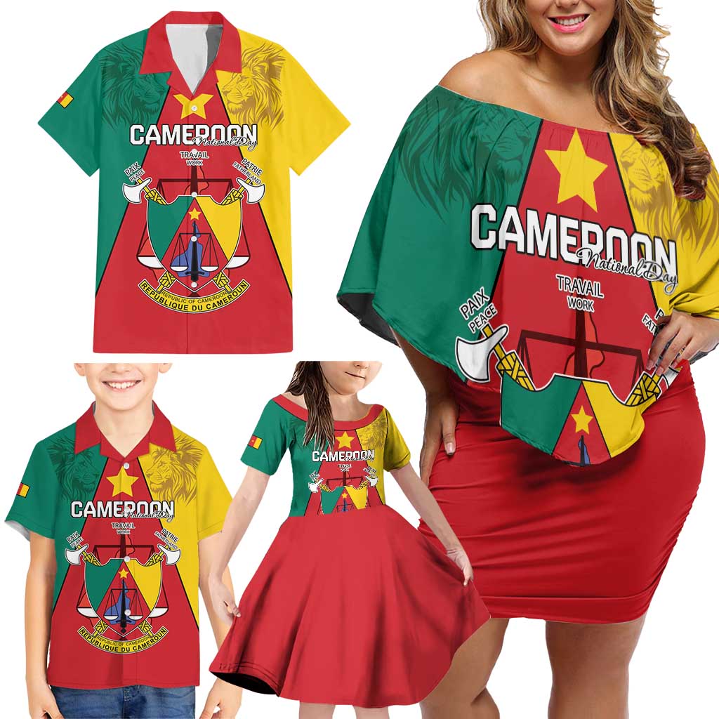 Personalised Cameroon National Day Family Matching Off Shoulder Short Dress and Hawaiian Shirt Coat Of Arms With Lion