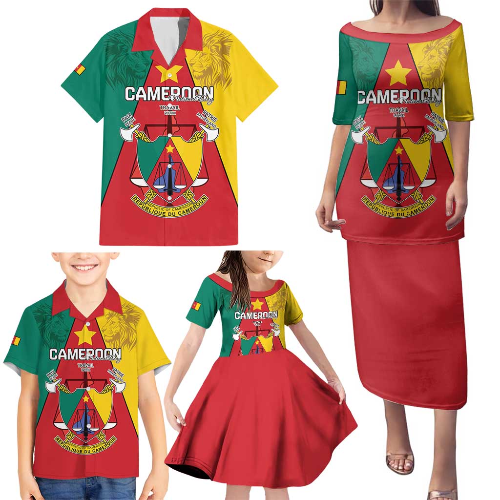 Personalised Cameroon National Day Family Matching Puletasi and Hawaiian Shirt Coat Of Arms With Lion