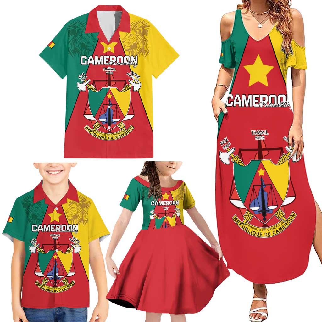 Personalised Cameroon National Day Family Matching Summer Maxi Dress and Hawaiian Shirt Coat Of Arms With Lion