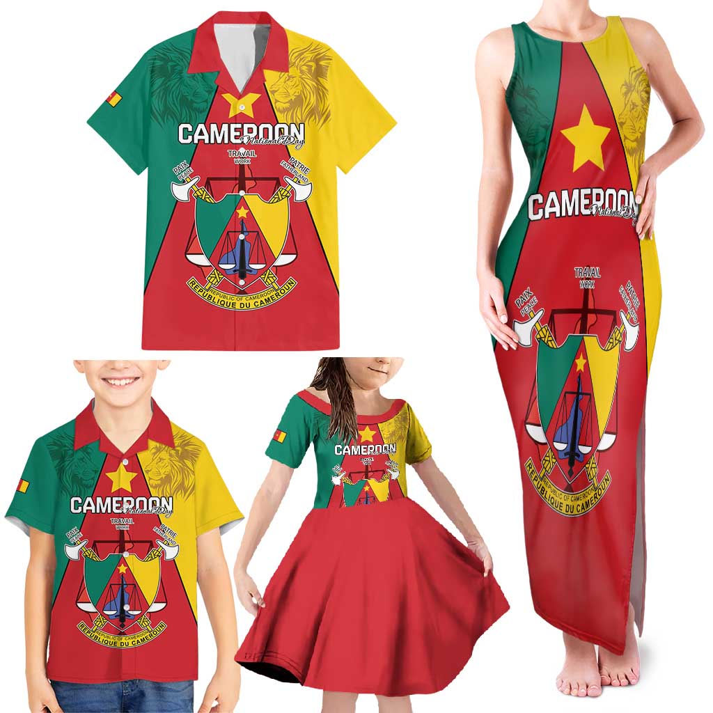 Personalised Cameroon National Day Family Matching Tank Maxi Dress and Hawaiian Shirt Coat Of Arms With Lion