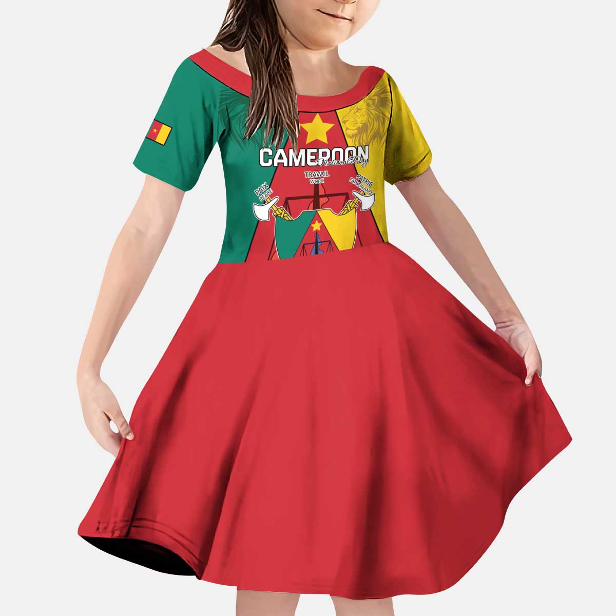 Personalised Cameroon National Day Kid Short Sleeve Dress Coat Of Arms With Lion