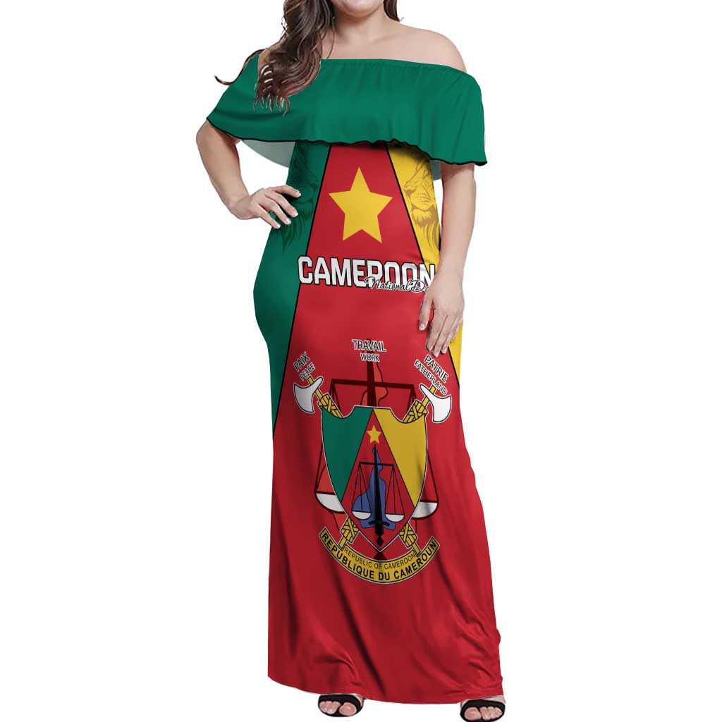 Personalised Cameroon National Day Off Shoulder Maxi Dress Coat Of Arms With Lion