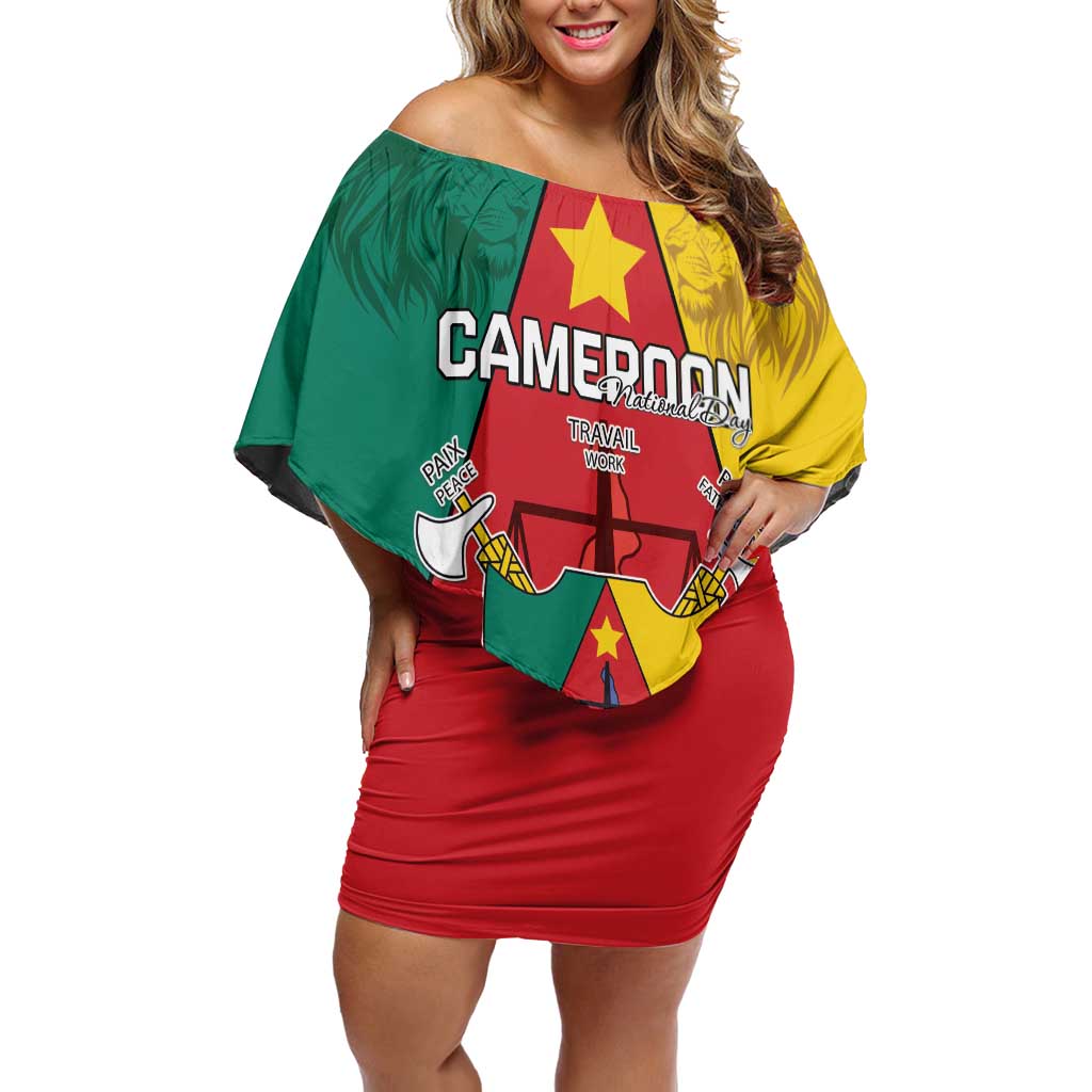 Personalised Cameroon National Day Off Shoulder Short Dress Coat Of Arms With Lion