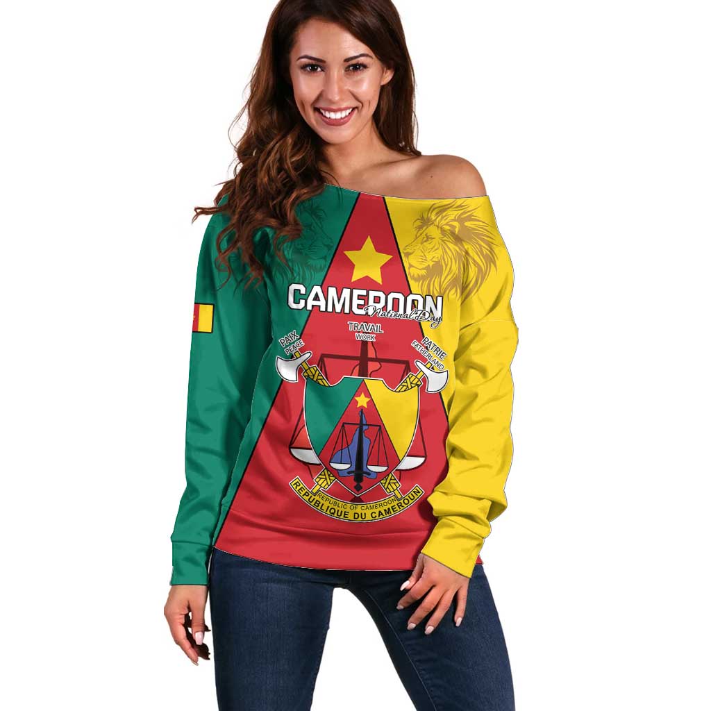 Personalised Cameroon National Day Off Shoulder Sweater Coat Of Arms With Lion