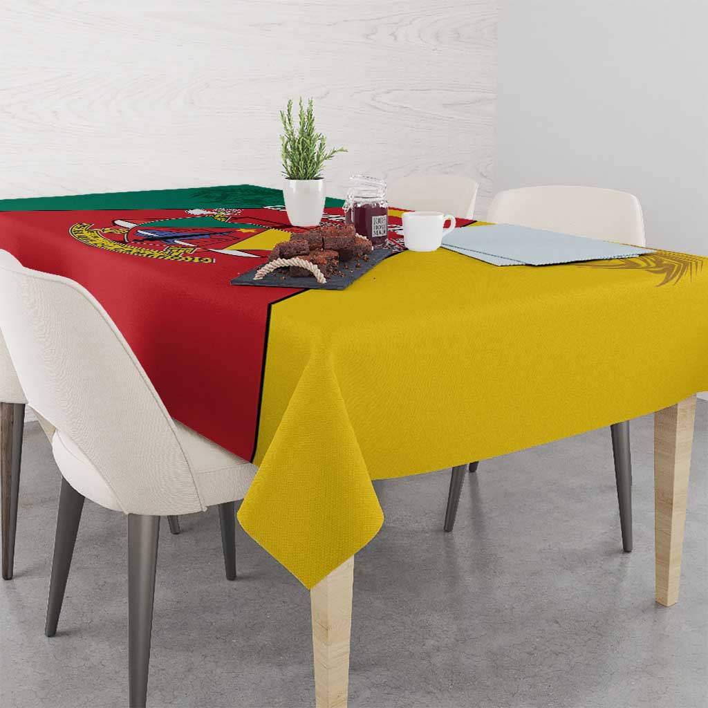 Cameroon tricolor tablecloth with lion coat of arms print and angled draped corners