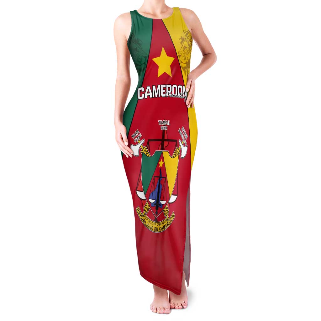 Personalised Cameroon National Day Tank Maxi Dress Coat Of Arms With Lion