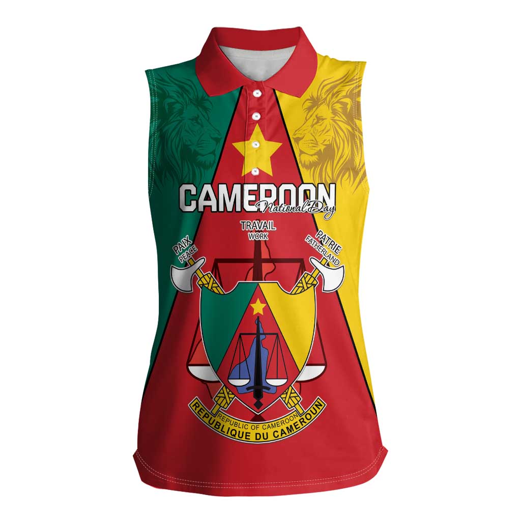 Personalised Cameroon National Day Women Sleeveless Polo Shirt Coat Of Arms With Lion