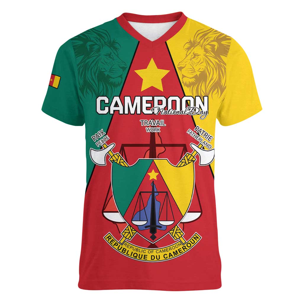 Personalised Cameroon National Day Women V-Neck T-Shirt Coat Of Arms With Lion