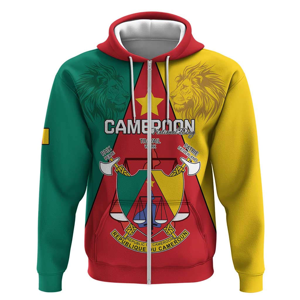 Personalised Cameroon National Day Zip Hoodie Coat Of Arms With Lion