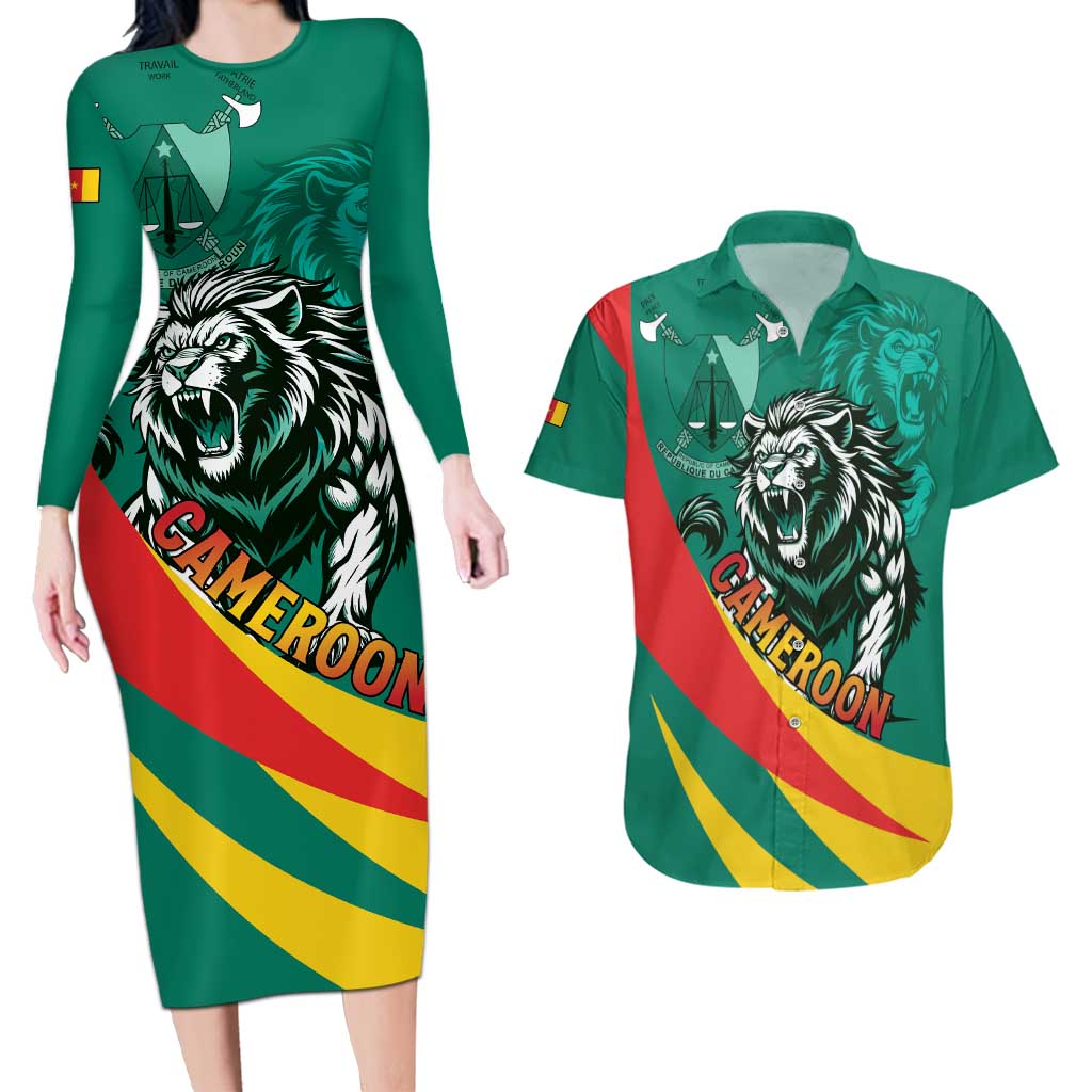 Personalised Happy Cameroon National Day Couples Matching Long Sleeve Bodycon Dress and Hawaiian Shirt May 20 Cameroun