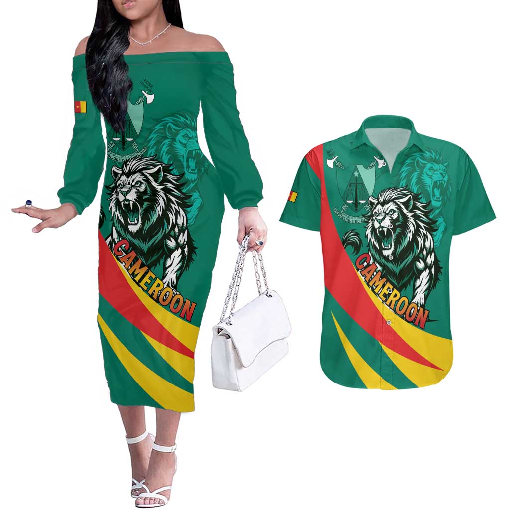 Personalised Happy Cameroon National Day Couples Matching Off The Shoulder Long Sleeve Dress and Hawaiian Shirt May 20 Cameroun