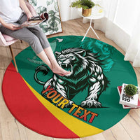 Round green carpet with lion mascot, diagonal red-yellow stripe, and “YOUR TEXT”