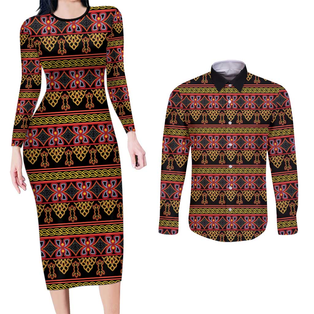 Cameroon Traditional Toghu Pattern Couples Matching Long Sleeve Bodycon Dress and Long Sleeve Button Shirt