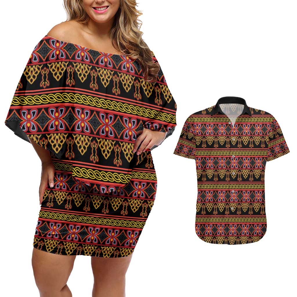 Cameroon Traditional Toghu Pattern Couples Matching Off Shoulder Short Dress and Hawaiian Shirt