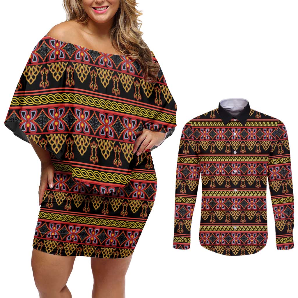 Cameroon Traditional Toghu Pattern Couples Matching Off Shoulder Short Dress and Long Sleeve Button Shirt