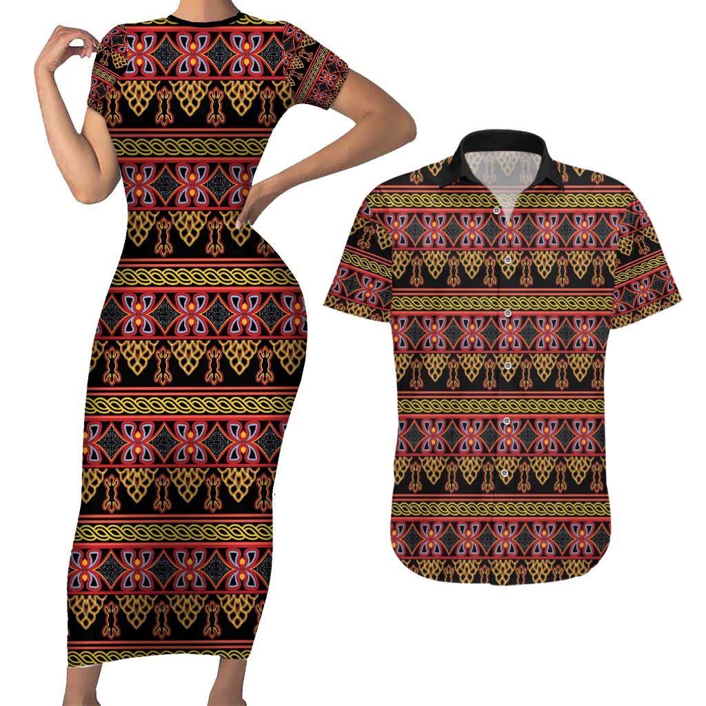 Cameroon Traditional Toghu Pattern Couples Matching Short Sleeve Bodycon Dress and Hawaiian Shirt