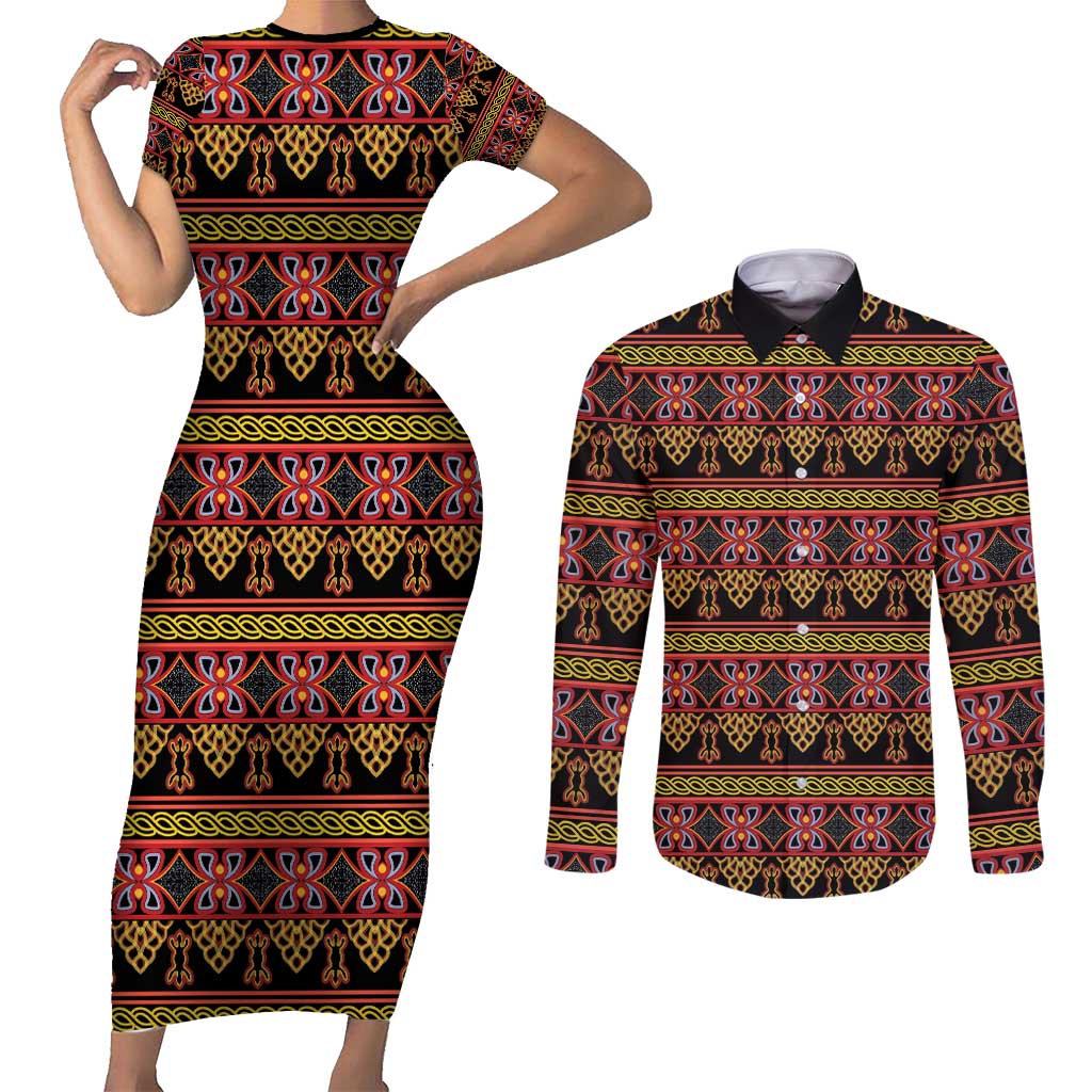 Cameroon Traditional Toghu Pattern Couples Matching Short Sleeve Bodycon Dress and Long Sleeve Button Shirt