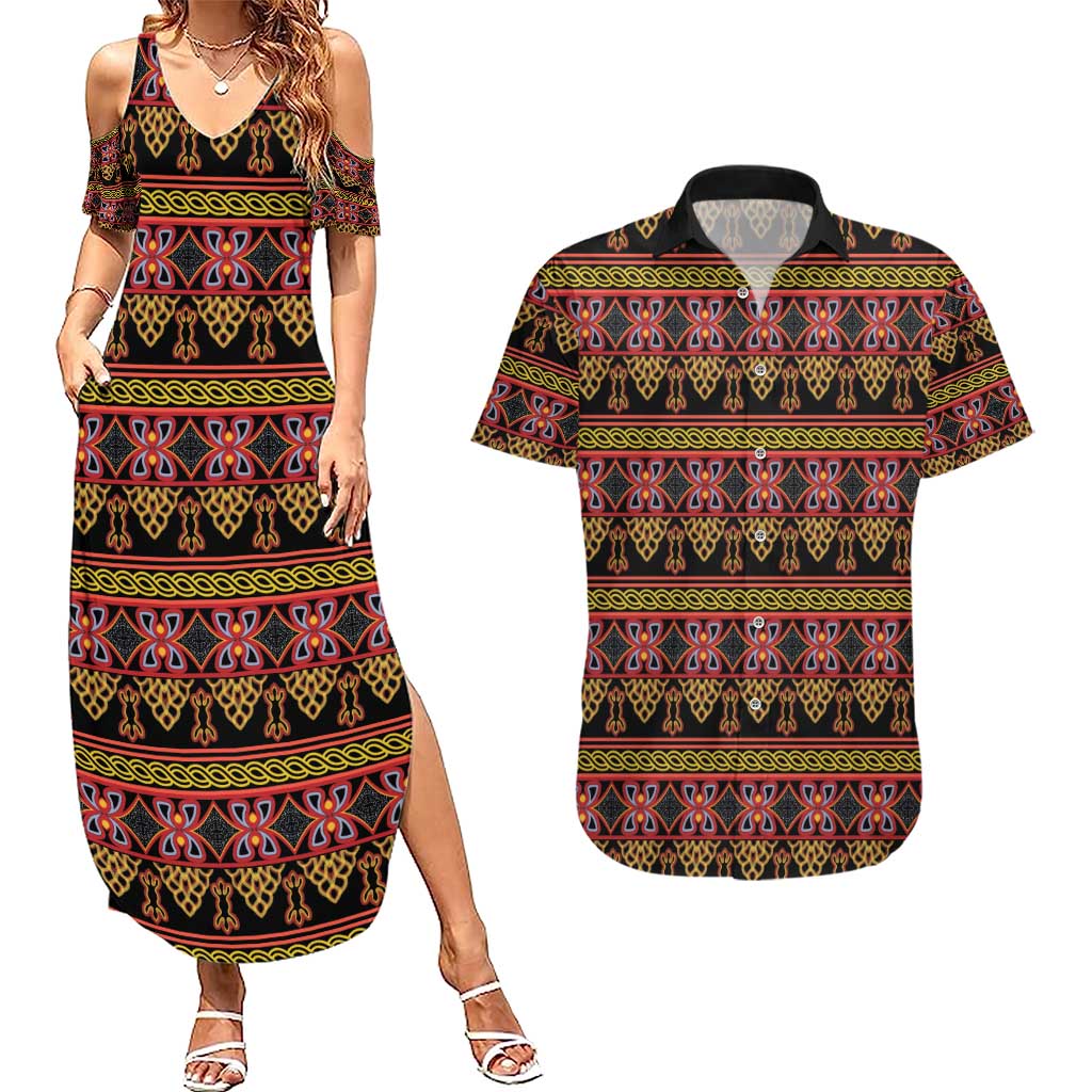 Cameroon Traditional Toghu Pattern Couples Matching Summer Maxi Dress and Hawaiian Shirt