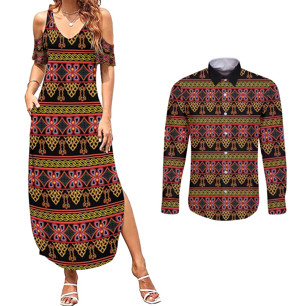 Cameroon Traditional Toghu Pattern Couples Matching Summer Maxi Dress and Long Sleeve Button Shirt