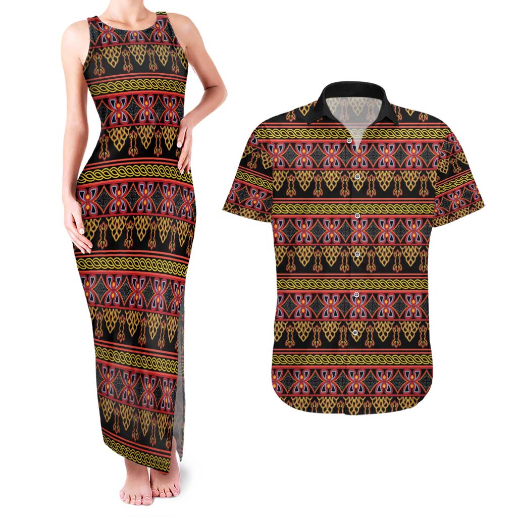 Cameroon Traditional Toghu Pattern Couples Matching Tank Maxi Dress and Hawaiian Shirt