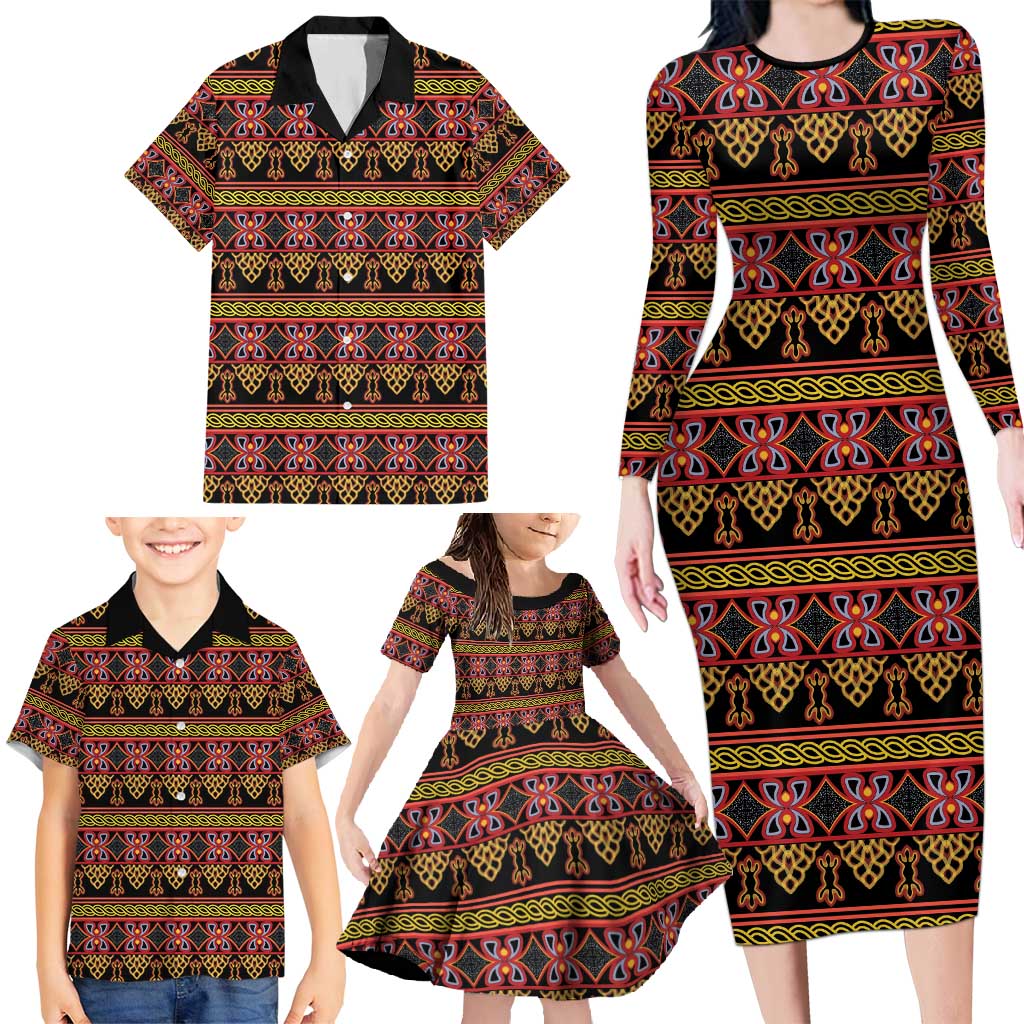 Cameroon Traditional Toghu Pattern Family Matching Long Sleeve Bodycon Dress and Hawaiian Shirt