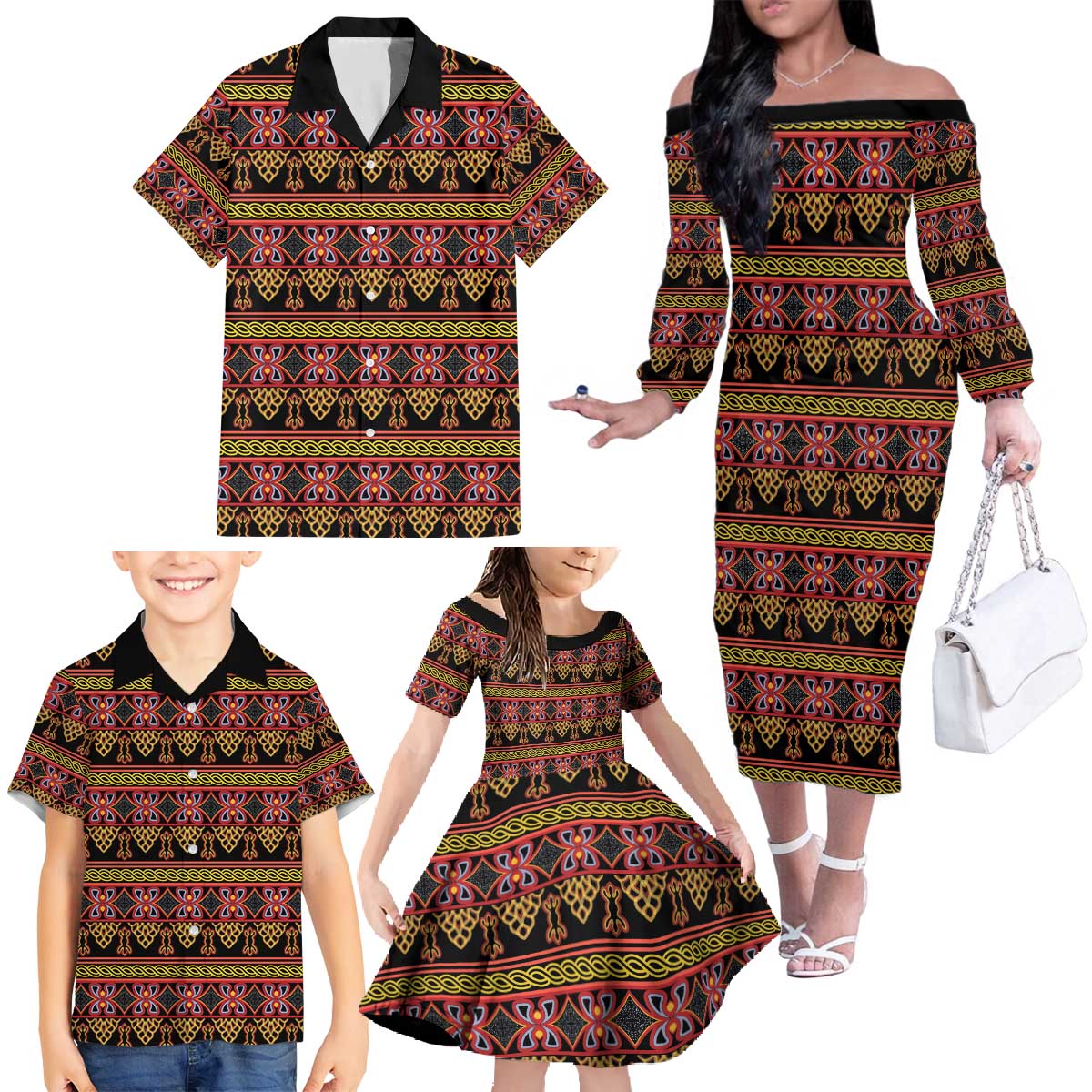 Cameroon Traditional Toghu Pattern Family Matching Off The Shoulder Long Sleeve Dress and Hawaiian Shirt