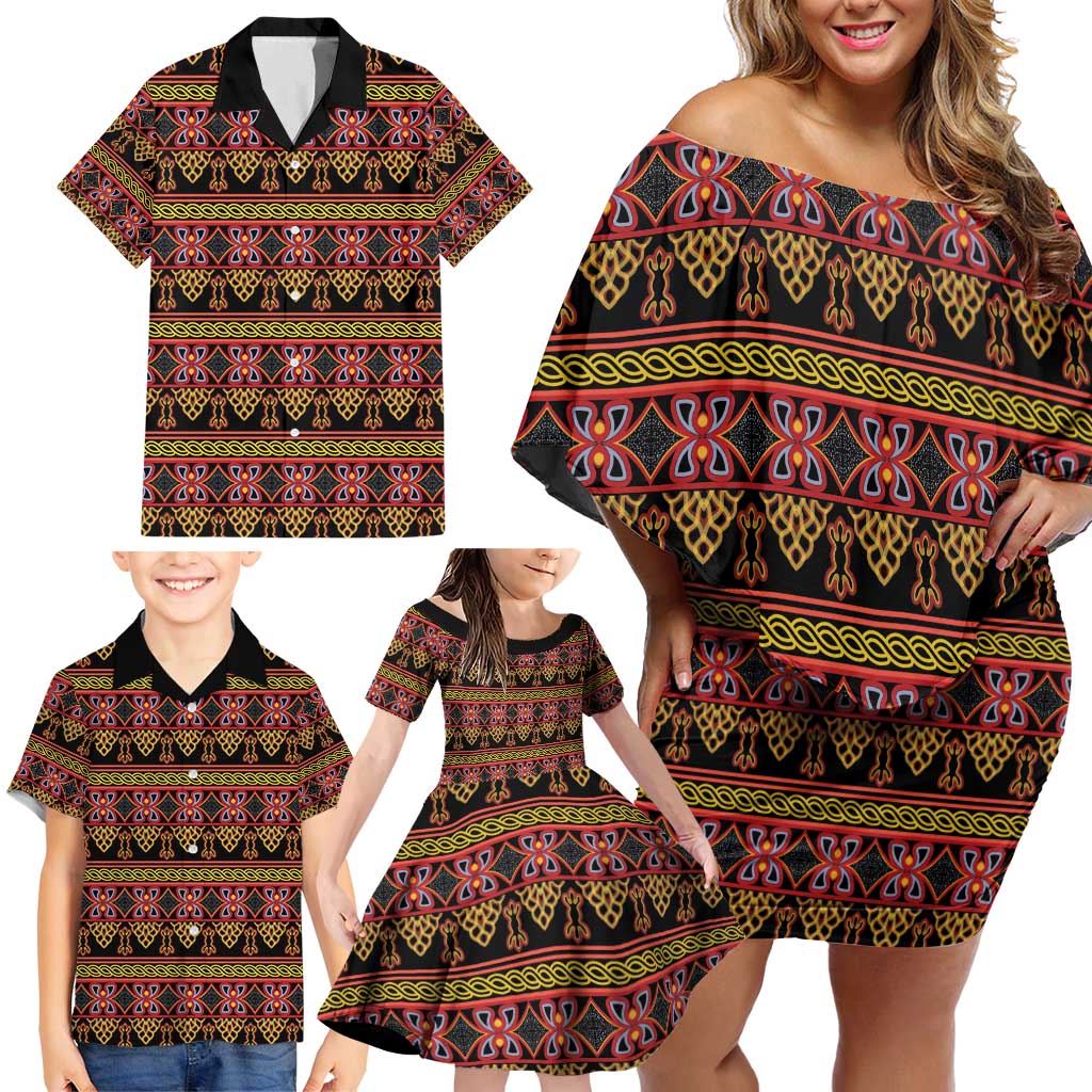 Cameroon Traditional Toghu Pattern Family Matching Off Shoulder Short Dress and Hawaiian Shirt