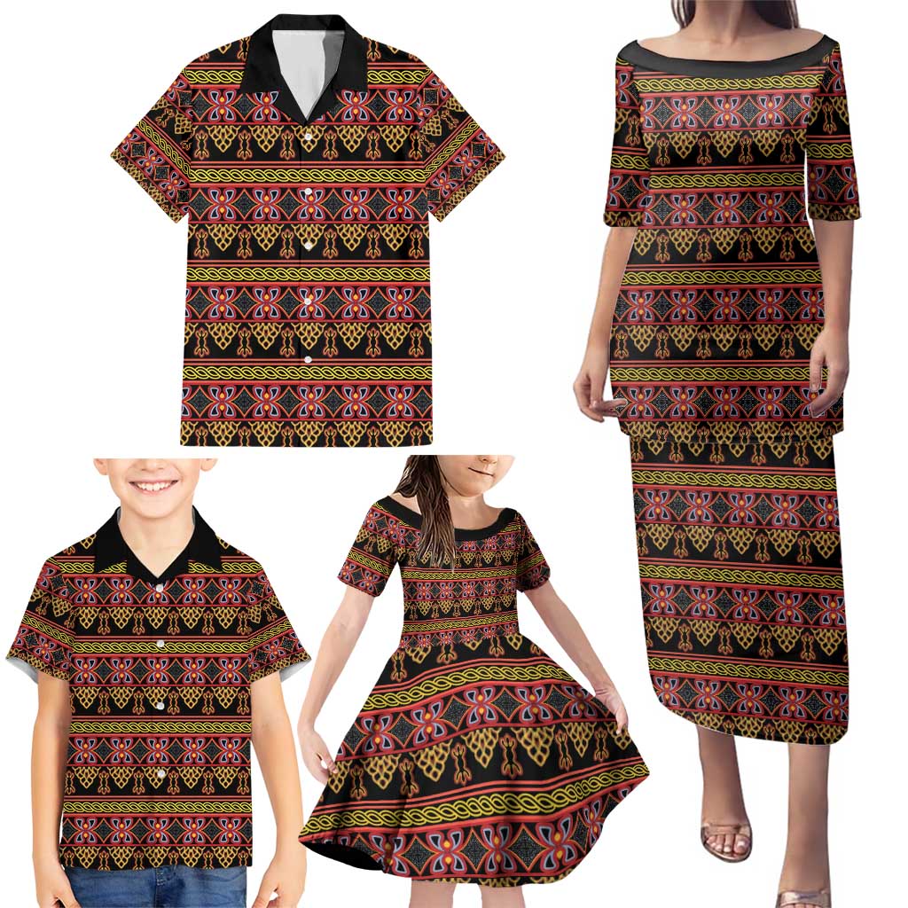 Cameroon Traditional Toghu Pattern Family Matching Puletasi and Hawaiian Shirt