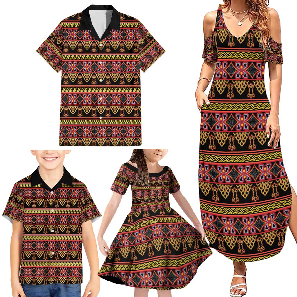 Cameroon Traditional Toghu Pattern Family Matching Summer Maxi Dress and Hawaiian Shirt