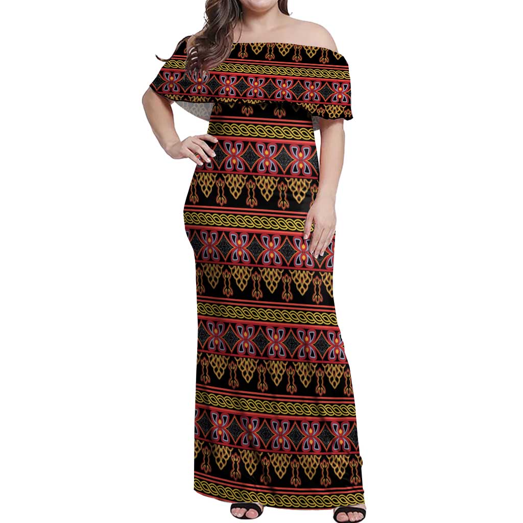 Cameroon Traditional Toghu Pattern Off Shoulder Maxi Dress