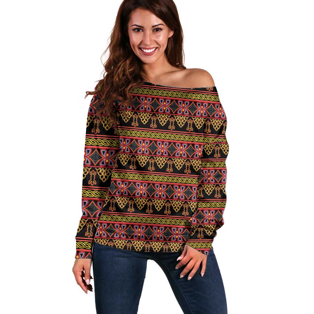 Cameroon Traditional Toghu Pattern Off Shoulder Sweater