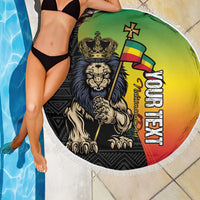 Round beach blanket with Lion of Judah lion and Ethiopian colors, white fringed edge