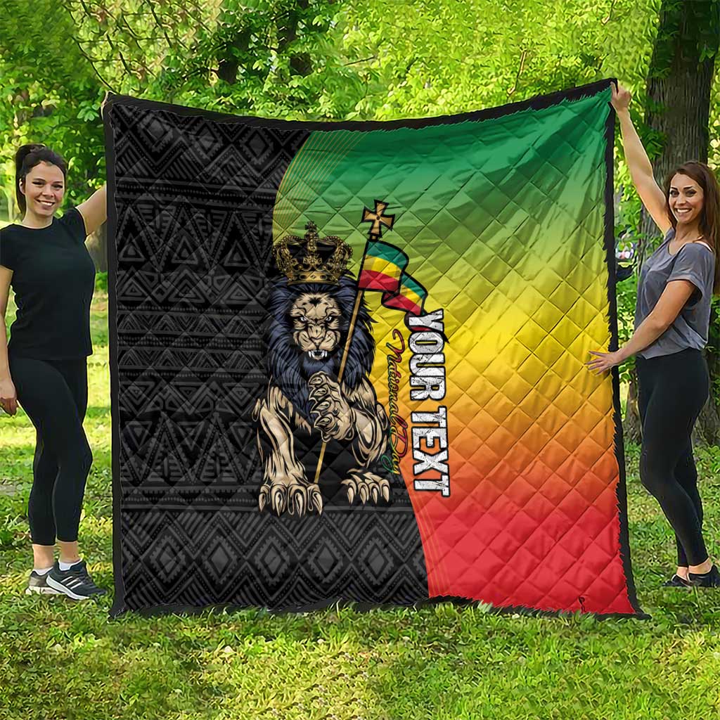 Personalized Ethiopia quilt, Lion of Judah over black geometric side and green-yellow-red gradient