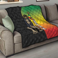 Personalized Ethiopia quilt on couch with Lion of Judah over black patterned and rainbow border