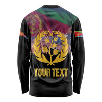 Black long-sleeve shirt with back laurel wreath and "YOUR TEXT" graphic