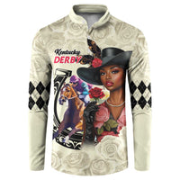 Cream button-front sweatshirt with rose floral print, portrait graphic, argyle diamond sleeves