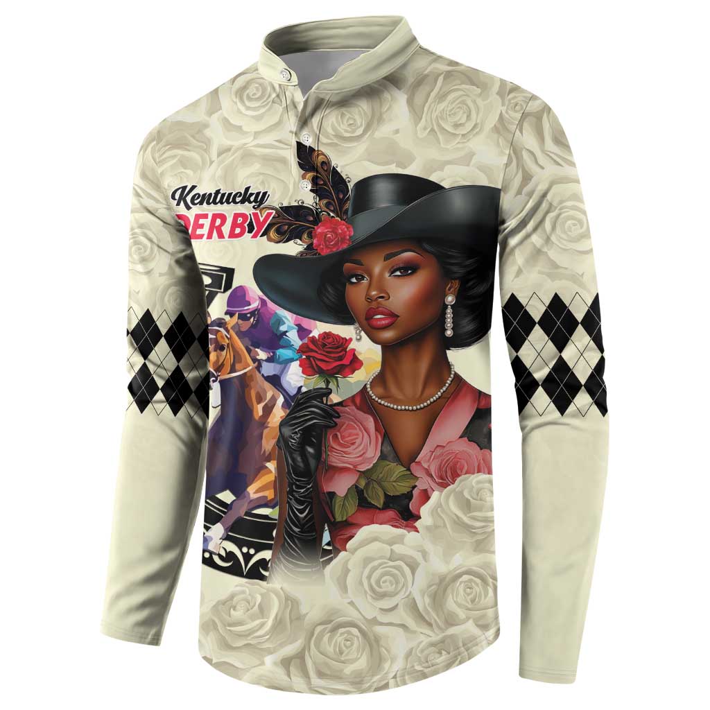 Cream button-front sweatshirt featuring portrait woman graphic and roses, argyle diamond sleeves