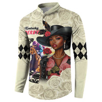 Cream button-front sweatshirt featuring portrait woman graphic and roses, argyle diamond sleeves