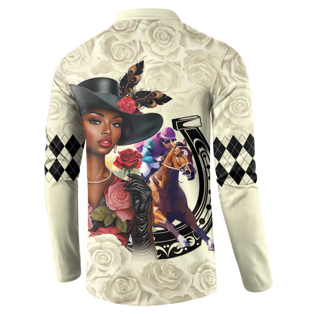 Cream button-front sweatshirt with back graphic of portrait and horses, argyle diamond panels