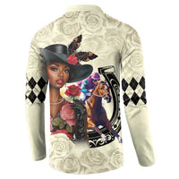 Cream button-front sweatshirt with back graphic of portrait and horses, argyle diamond panels