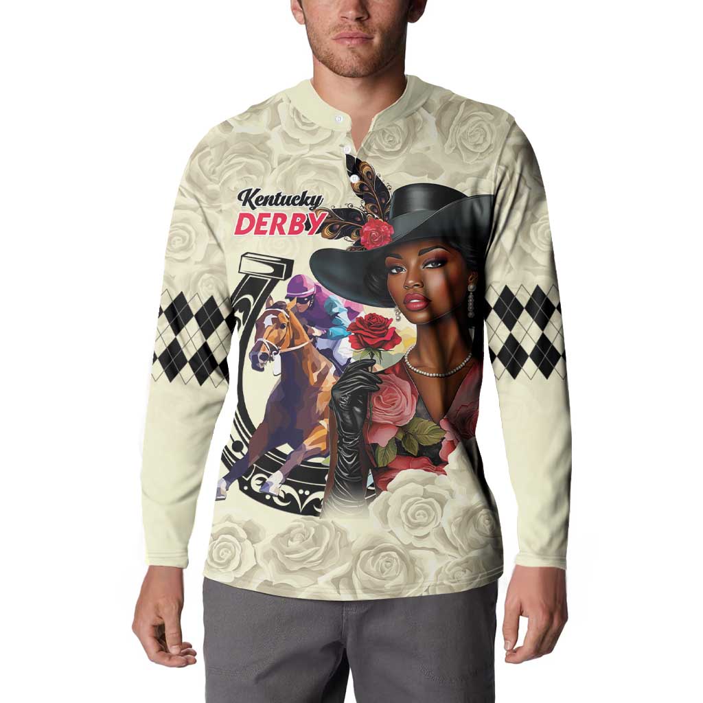 Cream button-front sweatshirt on model, front portrait graphic, roses, argyle diamond sleeves