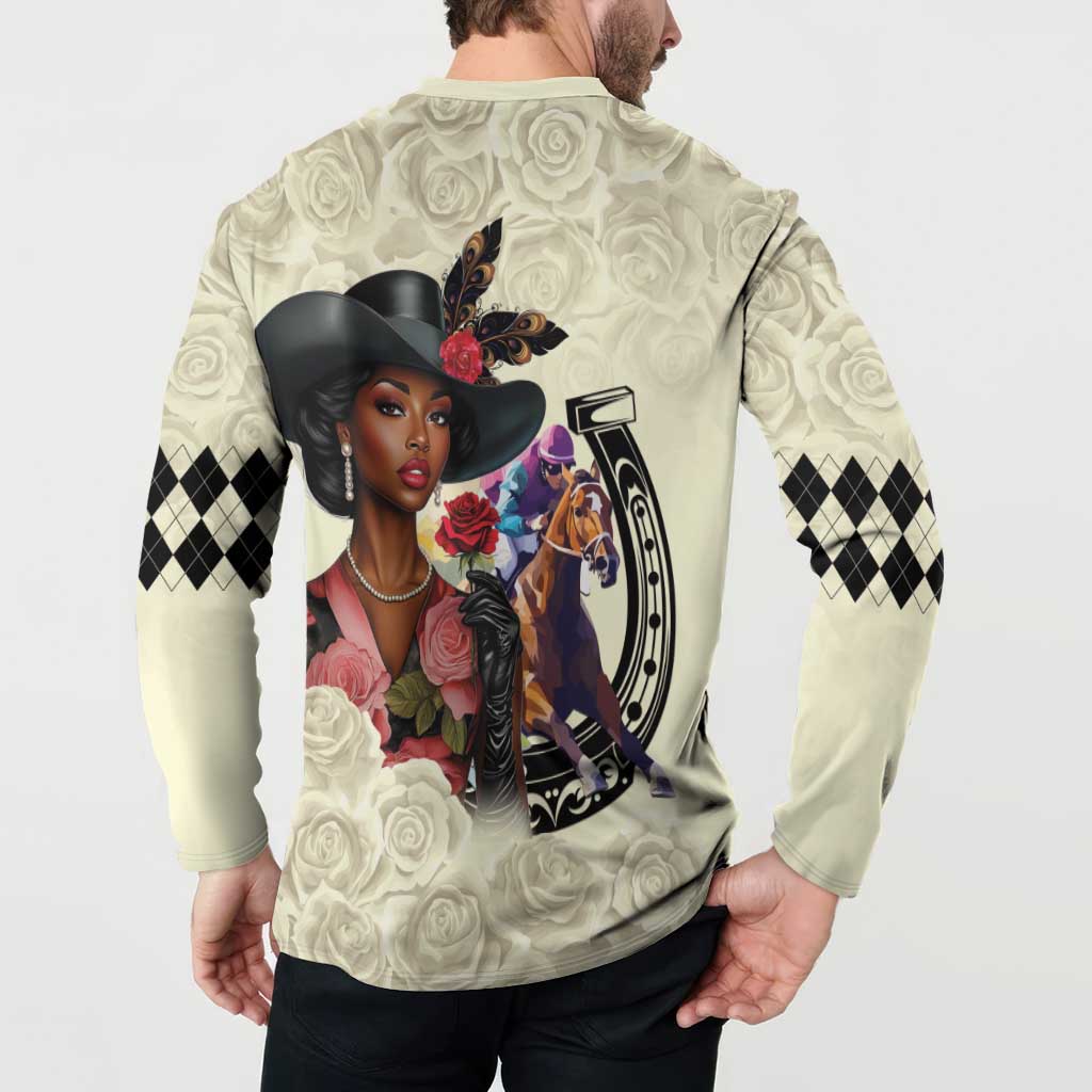 Cream button-front sweatshirt on model, back portrait and roses graphic, argyle diamond sleeves