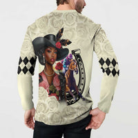 Cream button-front sweatshirt on model, back portrait and roses graphic, argyle diamond sleeves