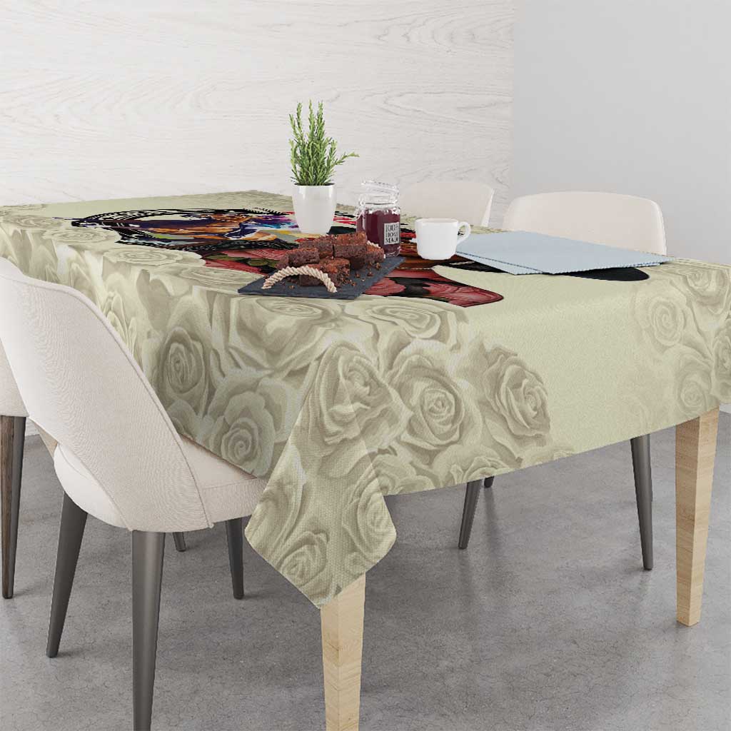 Cream rose-texture tablecloth with derby graphic centered on the tabletop
