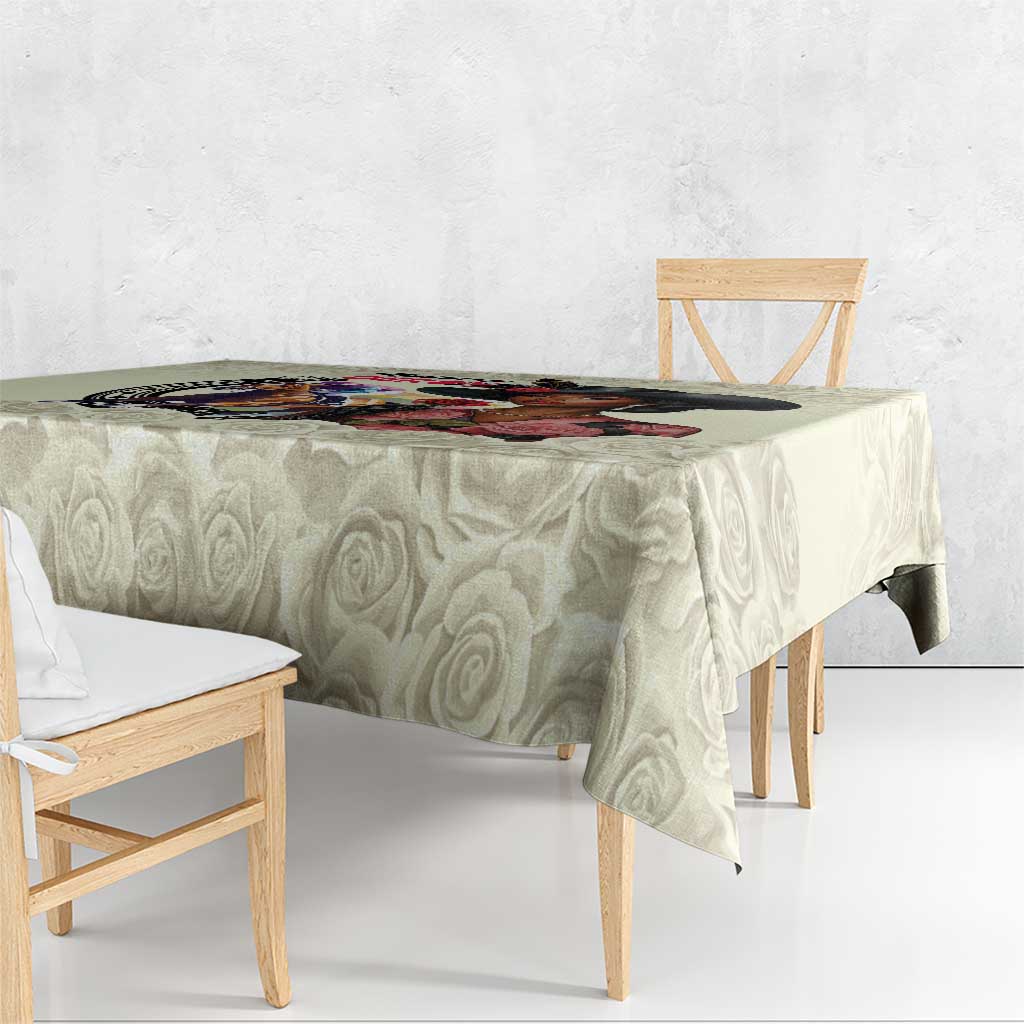 Cream damask rose tablecloth with colorful derby artwork stripe along the edge