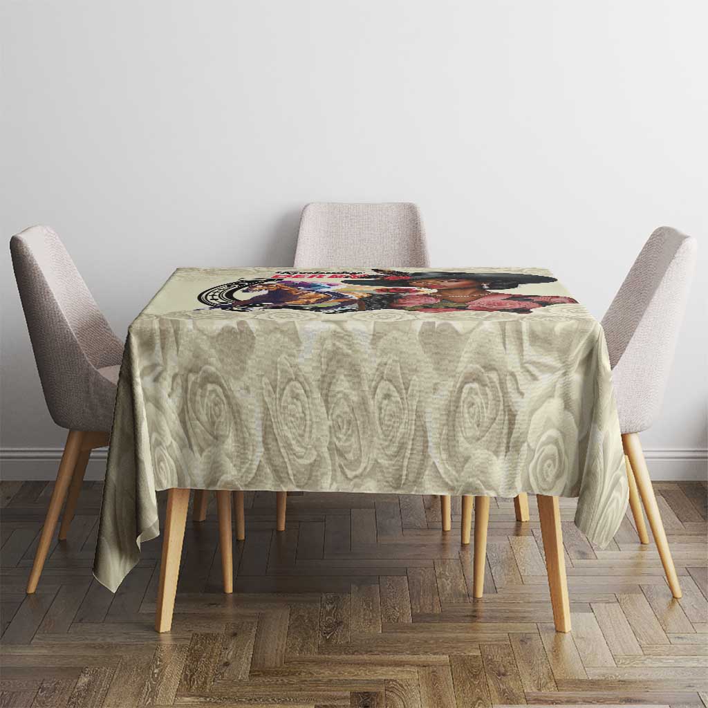 Cream rose damask tablecloth with colorful derby graphic panel on top