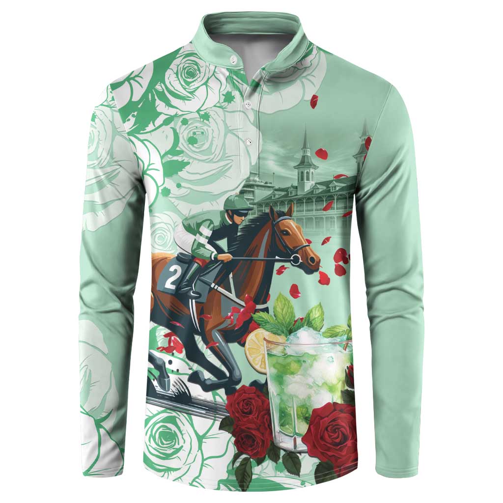 Mint button sweatshirt with horse race graphic and rose accents